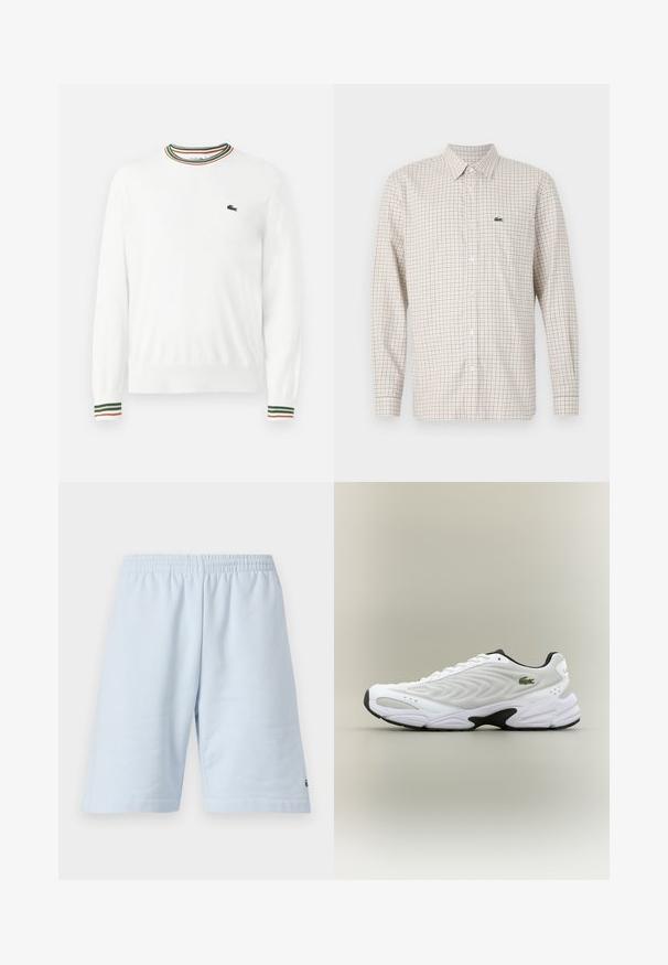 Witte trui met ronde hals, voorzien van groene, rode en oranje gestreepte accenten op de kraag en mouwen. Lacoste-logo op de borst.; Beige overhemd met lange mouwen met rood-blauw ruitpatroon, knopen aan de voorkant, kraag en groen krokodillenlogo op de linkerborst.; Lichtblauwe katoenen shorts met een elastische tailleband. Beschikt over een eenvoudig, effen ontwerp en open zoom. Logoaccent aan de onderzoom.; Witte sportieve schoen met een textuur van gaas bovenwerk, gebogen ontwerp en contrasterende zwarte zool. Heeft een groen geborduurd logo aan de zijkant.