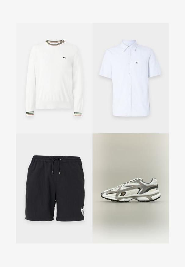 Witte trui met ronde hals, voorzien van groene, rode en oranje gestreepte accenten op de kraag en mouwen. Lacoste-logo op de borst.; Korte mouwen overhemd met knoopsluiting in lichtblauw met witte strepen, met een borstzak en een klein groen logo aan de linkerkant.; Zwarte zwemmouw met een lichtgewicht stof, voorzien van een elastische tailleband met koord en een witte grafische print op het linkergeel.; Sportschoen met een witte mesh bovenkant, grijze accenten, zwarte rubberen zool en een gestroomlijnd ontwerp. Bevat veters en textuurdetails.