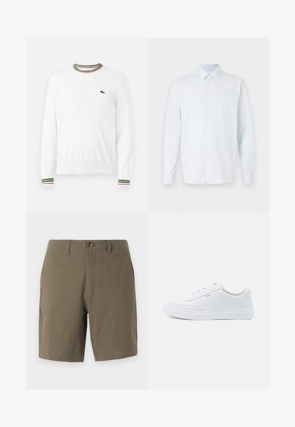 Suéter blanco con cuello redondo, que presenta acentos de rayas verdes, rojas y naranjas en el cuello y las mangas. Logo de Lacoste en el pecho.; Camisa de rayas azul claro y blanca de manga larga, con botones en la parte delantera, cuello puntiagudo, tela suave, que presenta un pequeño logo en el pecho.; Pantalones cortos en verde oliva hechos de un tejido texturizado, con cierre de botón y frente plano, y con bolsillos laterales para mayor funcionalidad.; Zapatillas de cuero blanco con textura suave, puntera redondeada y costuras tonales. Cuentan con cordones azules y un logo dorado en el lateral.