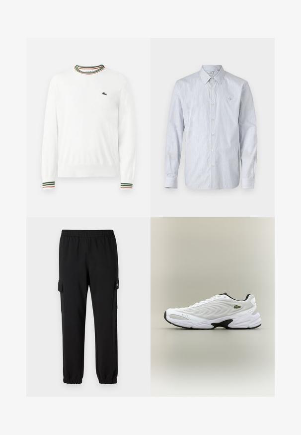 Witte trui met ronde hals, voorzien van groene, rode en oranje gestreepte accenten op de kraag en mouwen. Lacoste-logo op de borst.; Gestreept overhemd met lange mouwen in lichtblauw en wit katoenmix. Heeft een knoopsluiting, een klassieke kraag en een klein geborduurd logo op de borst.; Zwarte joggingsbroek met een elastische tailleband, taps toelopende boorden en zijcargo zakken. Gemaakt van een zachte stof met een gladde textuur.; Witte sportieve schoen met een textuur van gaas bovenwerk, gebogen ontwerp en contrasterende zwarte zool. Heeft een groen geborduurd logo aan de zijkant.