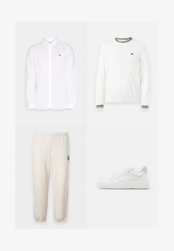 Weißer Pullover mit Rundhalsausschnitt, versehen mit grünen, roten und orangefarbenen gestreiften Akzenten am Kragen und den Ärmeln. Lacoste-Logo auf der Brust.; Weißes Langarmhemd aus Baumwolle mit Button-Down-Kragen, einem grünen gestickten Logo auf der linken Brust und geraden Manschetten.; Helle beige Sweatpants aus Baumwolle mit einem elastischen Bund, gerippten Bündchen und einem grünen Logo mit Blattdesign am linken Bein.; Weiße Leder-Sneaker mit glatter Oberfläche, rundem Zehenbereich, flachen Schnürsenkeln und strukturiertem Schuhsohlen. Graues Wildleder-Detail an der Ferse.