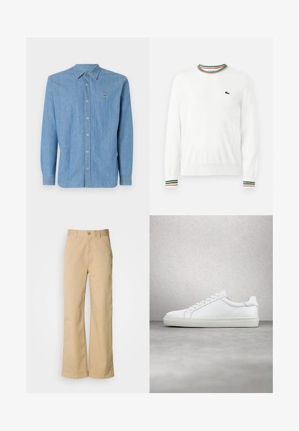 Valge sviiter, millel on ümmargune kaelus ja rohelised, punased ning oranžid triibud kaeluse ja varrukate ääres. Rinnal Lacoste logo.; Hele helesinine denimsärk, millel on nupuga krae, pikad varrukad ja väike tikand vasakul rinnal. Omab nupuga esisegust.; Bežid, laiused püksid, mis on valmistatud puuvillasegust. Omavad nupuvärvi ja vööaukude. Sujuv tekstuur, kus on minimaalsed õmbluse detailid.; Valge tennisetoss, millel on sile nahk pealis ja madal profiil. Omab ümarat ninaosa, kuut silmust ja tekstuuriga kummist talda.