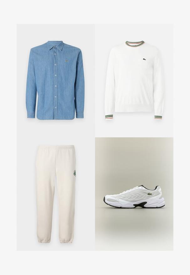Pull blanc à col rond, avec des accents rayés verts, rouges et oranges sur le col et les manches. Logo Lacoste sur la poitrine.; Chemise en denim bleu clair avec un col boutonné, des manches longues et un petit logo brodé sur la poitrine gauche. Présente une fermeture à boutons sur le devant.; Pantalon de jogging beige clair en coton, doté d'une taille élastique, de poignets en côtes et d'un logo vert avec un design de feuille sur la jambe gauche.; Baskets de sport blanches avec un dessus en mesh texturé, un design courbé et une semelle noire contrastante. Présente un logo brodé vert sur le côté.