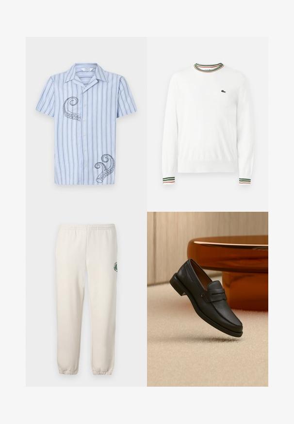 Biely sveter s okrúhlym výstrihom, ktorý má na golieri a rukávoch pruhy v zelených, červených a oranžových odtieňoch. Logo Lacoste na hrudi.; Košeľa s krátkym rukávom, svetlomodrá s pruhmi, s čiernou výšivkou chobotnice na ľavej strane a dizajnom na gombíky.; Svetlo béžové tepláky z bavlny s elastickým pásom, rebrovanými manžetami a zeleným logom s dizajnom listu na ľavej nohe.; Čierne pánske kožené mokasíny s pásikom na vrchu, vystavené na béžovom koberci pri hnedom modernom okrúhlom stole.