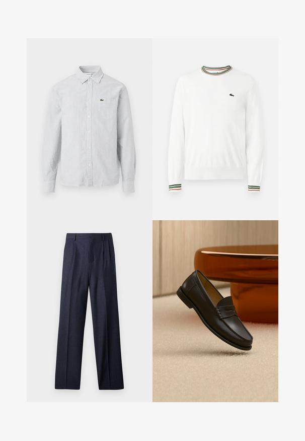 Suéter blanco con cuello redondo, que presenta acentos de rayas verdes, rojas y naranjas en el cuello y las mangas. Logo de Lacoste en el pecho.; Camisa de botones a rayas en azul claro y blanco. Tela de algodón, de mangas largas, con cuello puntiagudo, que presenta un pequeño logo verde en el bolsillo del pecho.; Pantalones de lana azul marino con un corte ajustado, que presentan un frente plisado y piernas anchas. Textura suave y líneas limpias, adecuados para ocasiones formales.; Zapato mocasín de cuero negro suspendido sobre una alfombra beige con muebles modernos de color ámbar en el fondo.