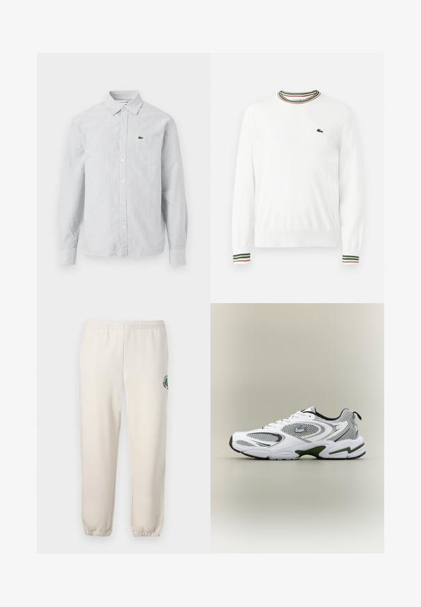 Pull blanc à col rond, avec des accents rayés verts, rouges et oranges sur le col et les manches. Logo Lacoste sur la poitrine.; Chemise à manches longues à rayures bleu clair et blanche. Tissu en coton, col pointu, avec un petit logo vert sur la poche poitrine.; Pantalon de jogging beige clair en coton, doté d'une taille élastique, de poignets en côtes et d'un logo vert avec un design de feuille sur la jambe gauche.; Baskets de course blanches et grises avec des panneaux en mesh, accents verts, détails noirs et un logo sur le côté, présentées par l'extérieur.