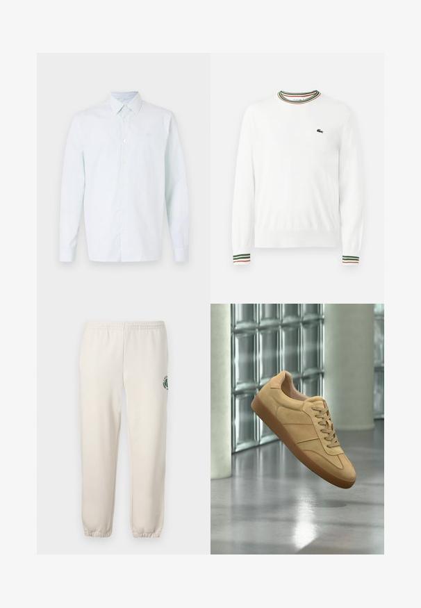 Biely sveter s okrúhlym výstrihom, ktorý má na golieri a rukávoch pruhy v zelených, červených a oranžových odtieňoch. Logo Lacoste na hrudi.; Svetlo modrá a biela prúžkovaná košeľa s dlhým rukávom, s gombíkmi na prednej strane, s ostrým golierom, z mäkkej tkaniny, so malým logom na hrudi.; Svetlo béžové tepláky z bavlny s elastickým pásom, rebrovanými manžetami a zeleným logom s dizajnom listu na ľavej nohe.; Béžová semišová tenisová obuv s gumovou podrážkou, šnurovacia, vznášajúca sa v interiéri na leštenej betónovej podlahe pri stene zo sklenených blokov.