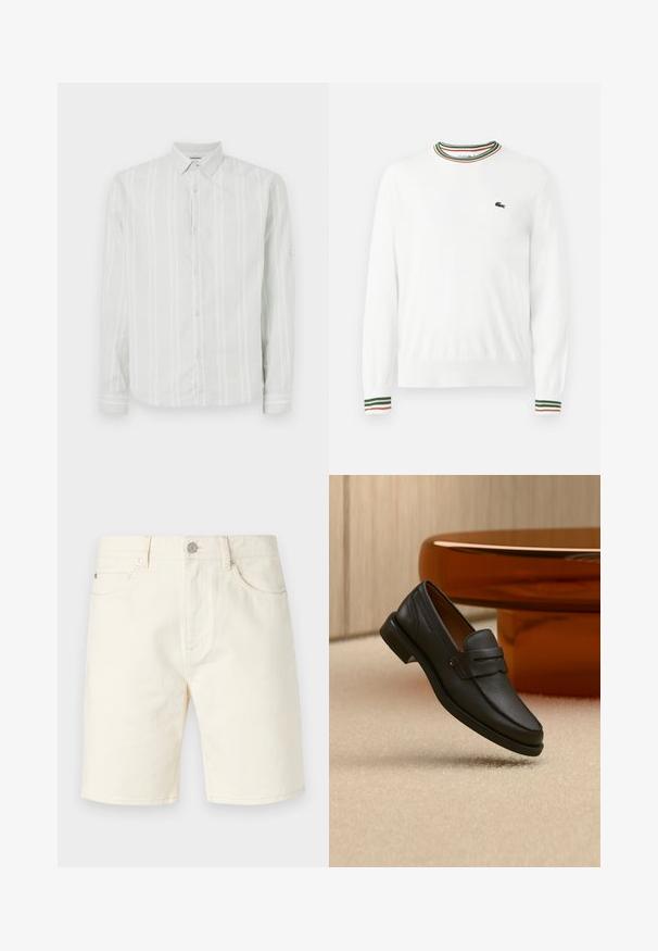 Witte trui met ronde hals, voorzien van groene, rode en oranje gestreepte accenten op de kraag en mouwen. Lacoste-logo op de borst.; Lichtgrijs langemouwen shirt met witte verticale strepen, knopenlijst aan de voorkant en een klassieke kraag. Bevat manchetdetails op de mouwen.; Lichtbeige denim shorts met een klassieke snit, voorzien van vo pockets, riemlussen en een knoopsluiting. Glad textuur met een effen kleur.; Zwarte leren herensloffen met een band over de bovenkant, getoond op een beige tapijt vlakbij een bruine moderne ronde tafel.