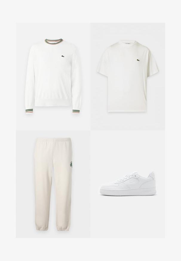 Pull blanc à col rond, avec des accents rayés verts, rouges et oranges sur le col et les manches. Logo Lacoste sur la poitrine.; T-shirt blanc à manches courtes avec col rond et petit logo crocodile vert sur la poitrine gauche.; Pantalon de jogging beige clair en coton, doté d'une taille élastique, de poignets en côtes et d'un logo vert avec un design de feuille sur la jambe gauche.; Baskets en cuir blanc avec une boîte à orteils perforée, des lacets plats et un col rembourré. Présente un logo en relief sur le côté et une semelle en caoutchouc texturée.