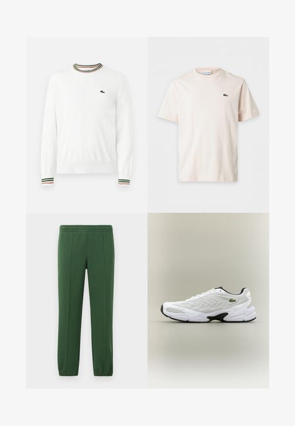 Hvid sweater med rund hals, prydet med grønne, røde og orange striber på kraven og ærmerne. Lacoste-logo på brystet.; Enkel lys beige T-shirt med korte ærmer, rund halsudskæring og lille grønt krokodillelogo på venstre bryst.; Grønne sweatpants lavet af blødt materiale; har en elastisk talje, tapered ben og et lille logo på siden.; Hvide atletiske sko med tekstureret mesh-overdel, buet design og kontrasterende sort ydersål. Har en grøn broderet logo på siden.