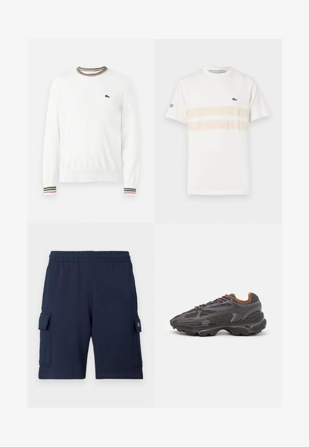 Suéter blanco con cuello redondo, que presenta acentos de rayas verdes, rojas y naranjas en el cuello y las mangas. Logo de Lacoste en el pecho.; Camiseta de algodón blanca con dos franjas horizontales beige, pequeño logo bordado en el pecho y cuello redondo. Mangas cortas.; Pantalones cortos cargo azul marino hechos de tela suave, con una cintura elástica, dos bolsillos laterales y un pequeño detalle con logo en el bolsillo izquierdo.; Zapatillas Lacoste en gris oscuro con material de malla y sintético, que cuentan con una suela texturizada y detalles en marrón en el cuello y la marca.
