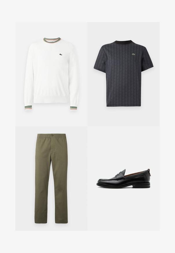 Biely sveter s okrúhlym výstrihom, ktorý má na golieri a rukávoch pruhy v zelených, červených a oranžových odtieňoch. Logo Lacoste na hrudi.; Čierne tričko s krátkym rukávom s geometrickým vzorom a zeleným logom krokodíla, so pevným čiernym okrúhlym výstrihom.; Lacoste Nohavice - olive; Čierny kožený pánsky mokasín s prešitím moc toe, penny remienkom, textúrovaným golierom a nízkym vrstveným podpätkom na bielom pozadí.