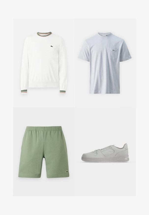 Weißer Pullover mit Rundhalsausschnitt, versehen mit grünen, roten und orangefarbenen gestreiften Akzenten am Kragen und den Ärmeln. Lacoste-Logo auf der Brust.; Graues Baumwoll-T-Shirt mit kurzen Ärmeln, Rundhalsausschnitt und einer linken Brusttasche, die ein kleines grünes Logo trägt. Glatte Textur, lässige Passform.; Grüne Baumwollshorts mit elastischem Bund, lässiger Passform und kleinem gesticktem Logo auf der unteren linken Seite. Glatte Textur, keine Taschen.; Weißer, flacher Lacoste-Sneaker mit Schnürsenkeln, geprägtem Logo an der Seite und strukturierter Sohle auf einfachem Hintergrund.