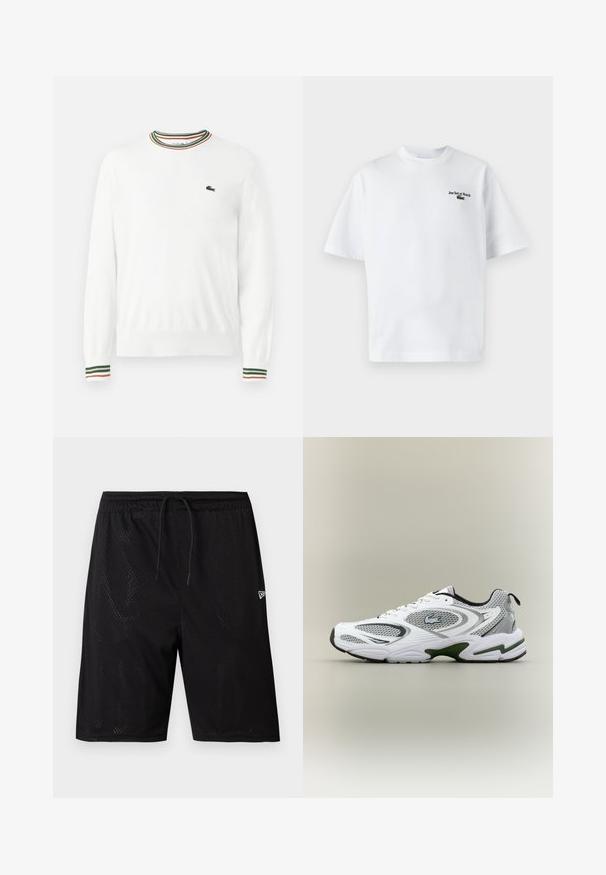 Suéter blanco con cuello redondo, que presenta acentos de rayas verdes, rojas y naranjas en el cuello y las mangas. Logo de Lacoste en el pecho.; Camiseta de algodón blanca con mangas cortas, que presenta el texto "Jeu Set et Match" y un pequeño logo verde en el lado izquierdo del pecho. Corte clásico.; Bañadores deportivos de malla negra con cintura ajustable mediante cordón, que presentan una textura perforada y un pequeño logo blanco en la parte inferior derecha.; Zapatilla deportiva de running en blanco y gris, con paneles de malla, acentos verdes, detalles en negro y un logo en el costado, vista desde el lado exterior.