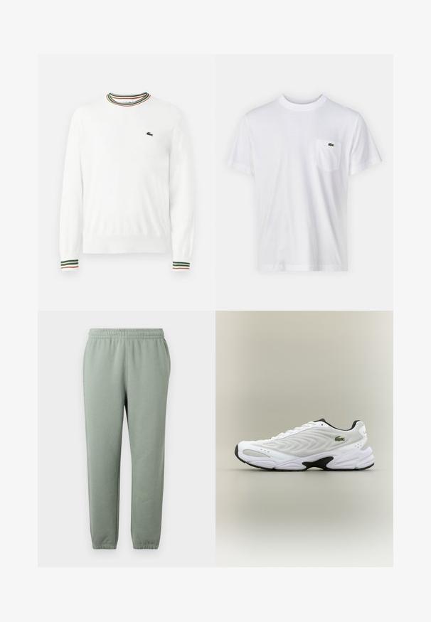 Pull blanc à col rond, avec des accents rayés verts, rouges et oranges sur le col et les manches. Logo Lacoste sur la poitrine.; T-shirt en coton blanc avec un col rond et des manches courtes. Il présente une poche sur la poitrine gauche et un petit logo Lacoste vert.; Pantalons de survêtement vert clair avec une taille élastique, des jambes effilées et des ourlets de cheville côtelés. Fabriqués en tissu doux et léger.; Baskets de sport blanches avec un dessus en mesh texturé, un design courbé et une semelle noire contrastante. Présente un logo brodé vert sur le côté.