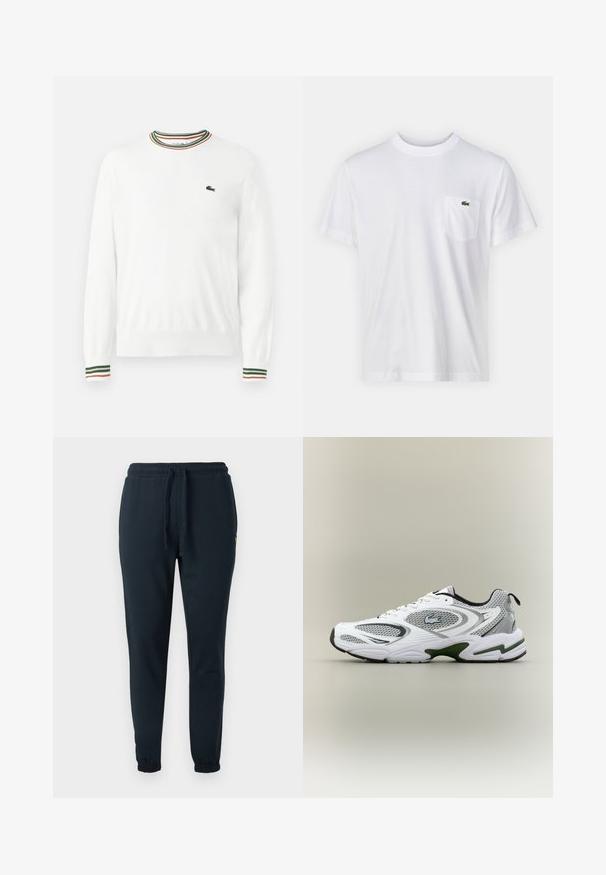 Hvid sweater med rund hals, prydet med grønne, røde og orange striber på kraven og ærmerne. Lacoste-logo på brystet.; Hvid bomulds T-shirt med rund halsudskæring og korte ærmer. Har en lomme på venstre bryst og et lille grønt Lacoste-logo.; Mørkeblå joggingbukser lavet af bomuldsblanding, med elastisk taljebånd med snøre og manchetter ved anklerne. Lille gul logo detalje.; Hvid og grå sporty løbesko med mesh-paneler, grønne detaljer, sorte elementer og et logo på siden, vist fra ydersiden.