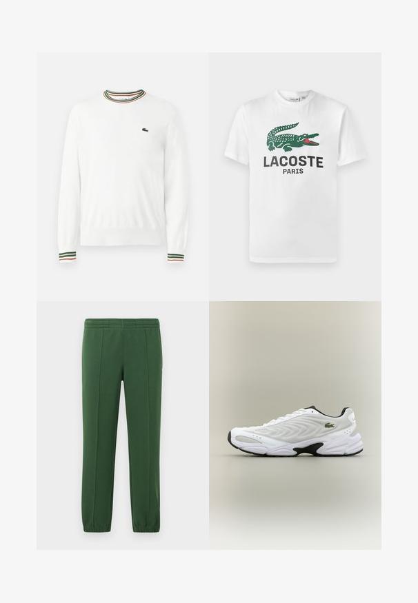 Hvid sweater med rund hals, prydet med grønne, røde og orange striber på kraven og ærmerne. Lacoste-logo på brystet.; Lacoste T-shirts print - white; Grønne sweatpants lavet af blødt materiale; har en elastisk talje, tapered ben og et lille logo på siden.; Hvide atletiske sko med tekstureret mesh-overdel, buet design og kontrasterende sort ydersål. Har en grøn broderet logo på siden.