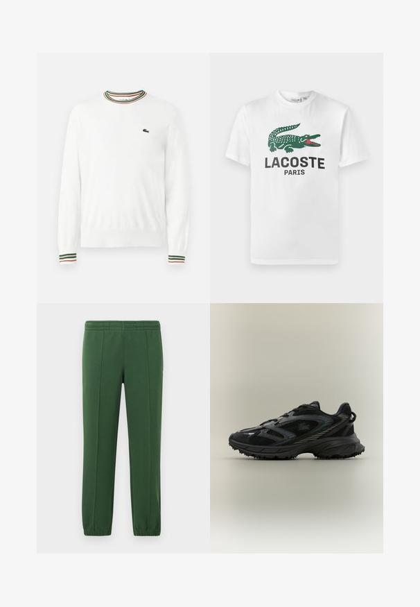 Weißer Pullover mit Rundhalsausschnitt, versehen mit grünen, roten und orangefarbenen gestreiften Akzenten am Kragen und den Ärmeln. Lacoste-Logo auf der Brust.; Lacoste T-Shirt print - white; Grüne Jogginghose aus weichem Material; mit Gummizugbund, schmal zulaufenden Beinen und einem kleinen Logo an der Seite.; Schwarzer Sportschuh mit Netz панели, einer strukturierten Sohle, Schnürsenkeln und einer geschwungenen Silhouette mit silbernen Akzenten an den Seiten.