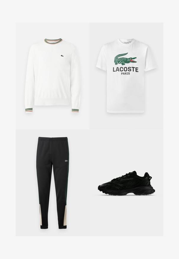 Valge sviiter, millel on ümmargune kaelus ja rohelised, punased ning oranžid triibud kaeluse ja varrukate ääres. Rinnal Lacoste logo.; Lacoste Trükipildiga T-särk - white; Mustmustrepp mustmustrohelised külje triibud ja beežid aktsendid sääreotsades. Elastne vöökoht ja Lacoste logo esiküljel. Sile tekstuur.; Mustad sportjalats tekstureeritud võrgusilma ja sünteetiliste ülekatetega, paksu taldmiku ja soonikuga, kannal tõmbelipikuga, nähtud külje pealt valgel taustal.