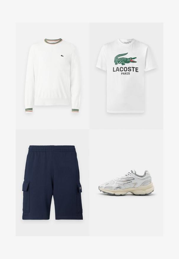 Weißer Pullover mit Rundhalsausschnitt, versehen mit grünen, roten und orangefarbenen gestreiften Akzenten am Kragen und den Ärmeln. Lacoste-Logo auf der Brust.; Lacoste T-Shirt print - white; Marineblaue Cargo-Shorts aus weichem Stoff, mit einem elastischen Bund, zwei Seitentaschen und einem kleinen Logoakzent auf der linken Tasche.; Weiße Sportschuhe mit grauen Akzenten, Obermaterial aus Mesh und Synthetik, Schnürdesign und rutschfester Gummisohle mit Strukturmustern.