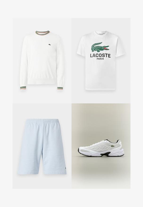 Weißer Pullover mit Rundhalsausschnitt, versehen mit grünen, roten und orangefarbenen gestreiften Akzenten am Kragen und den Ärmeln. Lacoste-Logo auf der Brust.; Lacoste T-Shirt print - white; Helle blaue Baumwollshorts mit elastischem Bund. Einfaches, einfarbiges Design und offener Saum. Logo-Verzierung am unteren Saum.; Weißer Sportschuh mit strukturiertem Mesh-Obermaterial, geschwungenem Design und kontrastierender schwarzer Laufsohle. Mit grünem gesticktem Logo an der Seite.