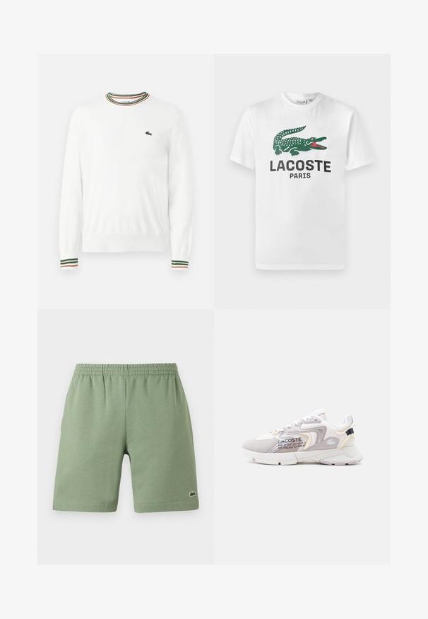 Weißer Pullover mit Rundhalsausschnitt, versehen mit grünen, roten und orangefarbenen gestreiften Akzenten am Kragen und den Ärmeln. Lacoste-Logo auf der Brust.; Lacoste T-Shirt print - white; Grüne Baumwollshorts mit elastischem Bund, lässiger Passform und kleinem gesticktem Logo auf der unteren linken Seite. Glatte Textur, keine Taschen.; Weiße und hellgraue Lacoste-Sneaker mit Mesh-Einsätzen, Wildleder-Akzenten, dicker Sohle und aufgedruckten Koordinatendetails an der Seite.
