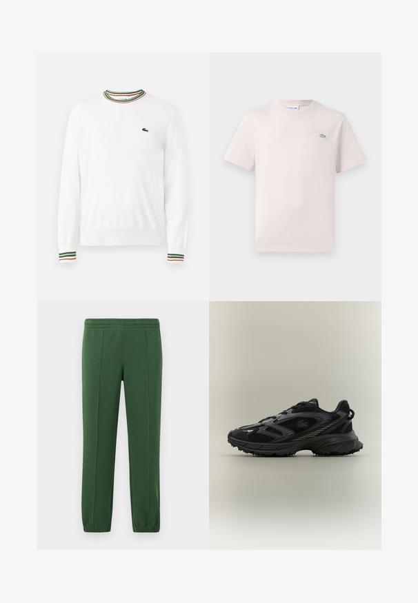 Suéter blanco con cuello redondo, que presenta acentos de rayas verdes, rojas y naranjas en el cuello y las mangas. Logo de Lacoste en el pecho.; Camiseta de algodón rosa claro con cuello redondo, mangas cortas y un logo bordado de Lacoste en verde en el pecho. Textura suave.; Pantalones de chándal verdes hechos de una tela suave; cuentan con una cintura elástica, perneras ajustadas y un pequeño logo en el lado.; Zapatilla deportiva negra con paneles de malla, suela texturizada, cordones y una silueta curvada con acentos plateados en los laterales.