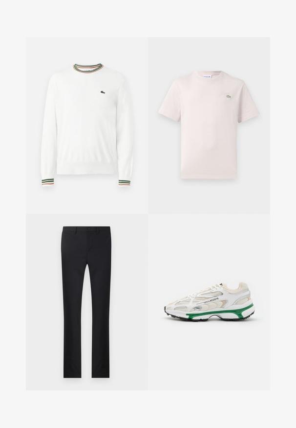 Suéter blanco con cuello redondo, que presenta acentos de rayas verdes, rojas y naranjas en el cuello y las mangas. Logo de Lacoste en el pecho.; Camiseta de algodón rosa claro con cuello redondo, mangas cortas y un logo bordado de Lacoste en verde en el pecho. Textura suave.; Pantalones negros con diseño de pierna recta, confeccionados en una tela suave. Presenta bolsillos frontales, cierre de botón y trabillas para cinturón.; Zapatilla blanca con acento verde y suela de goma negra. Presenta paneles de malla y sintéticos, con un acabado texturizado y costuras visibles.