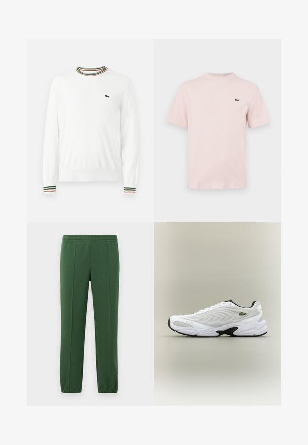 Pull blanc à col rond, avec des accents rayés verts, rouges et oranges sur le col et les manches. Logo Lacoste sur la poitrine.; T-shirt rose clair uni à manches courtes avec un petit logo crocodile vert sur le côté gauche de la poitrine, présenté sur un fond blanc.; Pantalons de survêtement verts en tissu doux ; dotés d'une taille élastique, de jambes fuselées et d'un petit logo sur le côté.; Baskets de sport blanches avec un dessus en mesh texturé, un design courbé et une semelle noire contrastante. Présente un logo brodé vert sur le côté.
