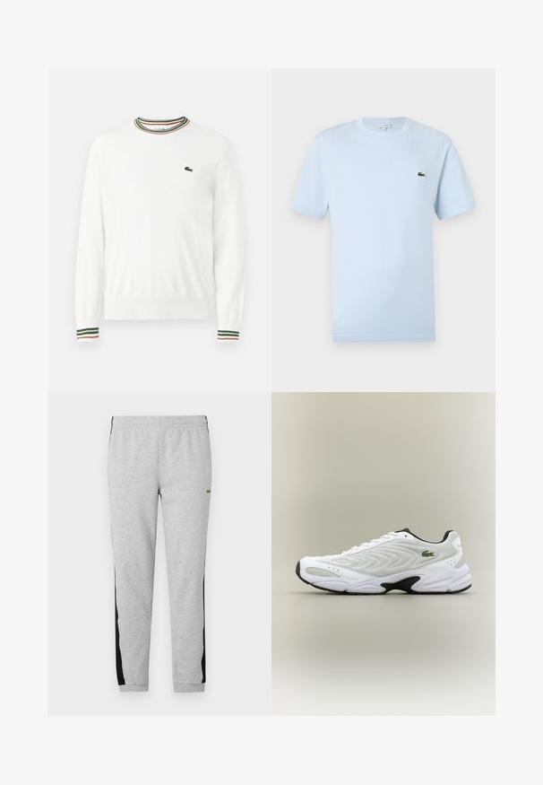 Valge sviiter, millel on ümmargune kaelus ja rohelised, punased ning oranžid triibud kaeluse ja varrukate ääres. Rinnal Lacoste logo.; Hele sinise lühikeste varrukatega T-särk on valmistatud pehmest puuvillast. Ees on väike roheline tikandiga krokodilli logo.; Hallid hallid dressipüksid mustade külgpanelitega, elastne vöökoht ja ribatud varrukad. Valmistatud pehmest puuvillasegistusest. Ees on brändi logo.; Valge sportlik king, millel on tekstureeritud võrgu pealisosa, kaardus disain ja kontrastne must tall. Külje peal on roheline tikandiga logo.