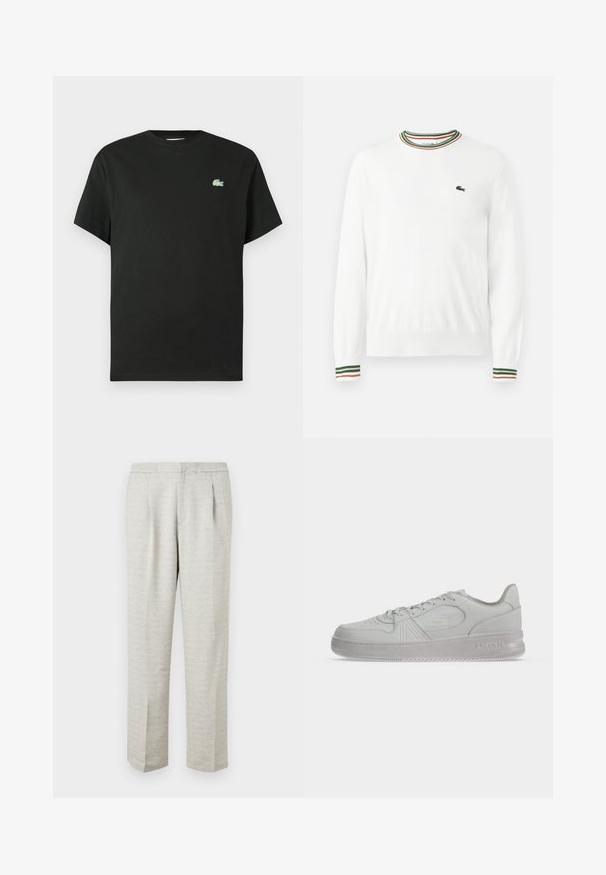 Suéter blanco con cuello redondo, que presenta acentos de rayas verdes, rojas y naranjas en el cuello y las mangas. Logo de Lacoste en el pecho.; Camiseta de algodón negra con cuello redondo, mangas cortas y un logo bordado verde en el lado izquierdo del pecho. Textura suave, corte holgado.; Pantalones gris claro con una tela texturizada, que presentan un corte recto, frente con pliegues y cinturilla estándar. Sin bolsillos o acentos visibles.; Zapatilla blanca de corte bajo Lacoste con cordones, logo en relieve en el lateral y suela texturizada sobre un fondo liso.