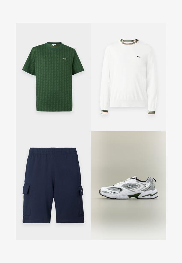 Valge sviiter, millel on ümmargune kaelus ja rohelised, punased ning oranžid triibud kaeluse ja varrukate ääres. Rinnal Lacoste logo.; Roheline puuvillasärk, millel on tekstureeritud geomeetriline muster. Särgil on soonikuga ümmargune kaelus ja väike logo rinnal.; Peenemeresinised vabaaja püksid pehmest kangast, millel on elastne vöökoht, kaks küljetaskut ja vasaku tasku peal väike logoga aktsent.; Valge ja hall sportlik jooksujalats, millel on võrgupaneelid, rohelised aktsendid, mustad detailid ja küljes logo, nähtuna välisküljelt.