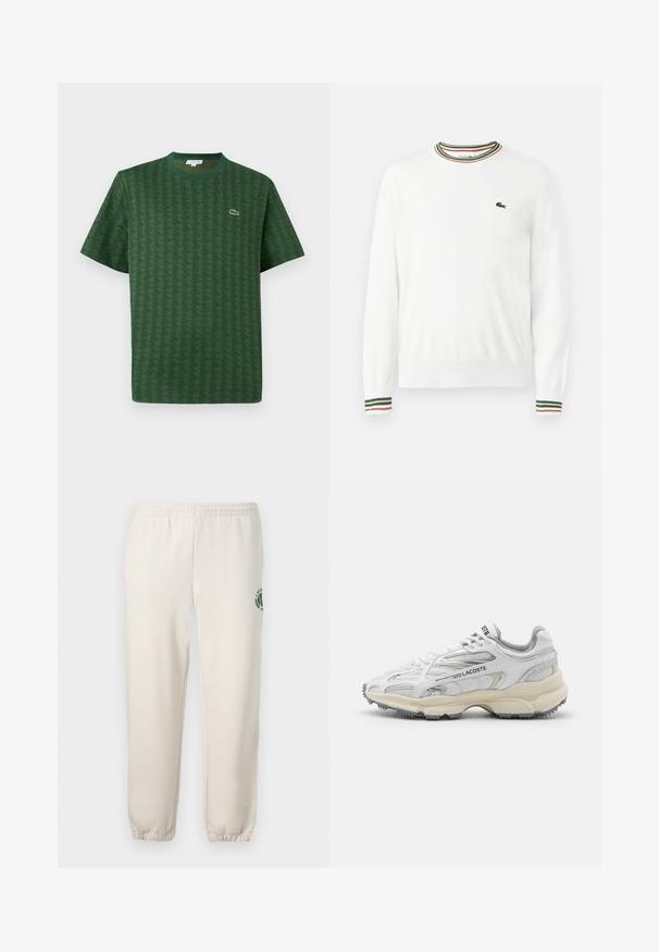 Biely sveter s okrúhlym výstrihom, ktorý má na golieri a rukávoch pruhy v zelených, červených a oranžových odtieňoch. Logo Lacoste na hrudi.; Zelené tričko z bavlny s textúrovaným geometrickým vzorom. Má rebrovaný okrúhly výstrih a malé logo na hrudi.; Svetlo béžové tepláky z bavlny s elastickým pásom, rebrovanými manžetami a zeleným logom s dizajnom listu na ľavej nohe.; Biele športové topánky s šedými akcentmi, sieťovinovou a syntetickou vrchnou časťou, viazanie na šnúrky a texturovanou gumovou podrážkou s protišmykovými vzormi.