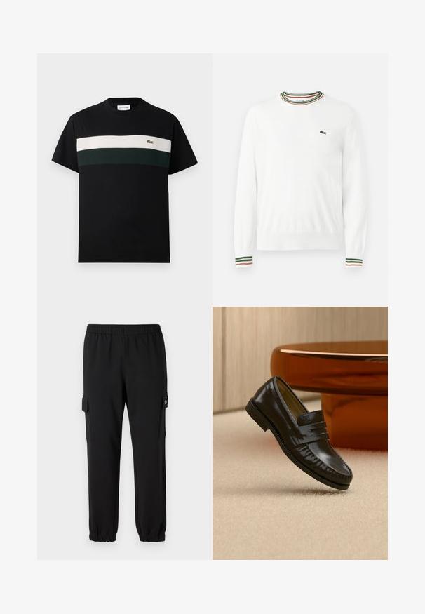 Biely sveter s okrúhlym výstrihom, ktorý má na golieri a rukávoch pruhy v zelených, červených a oranžových odtieňoch. Logo Lacoste na hrudi.; Čierne tričko vyrobené z bavlny s okrúhlym výstrihom, s horizontálnym pruhom v krémovej a tmavozelenej farbe cez hruď a malým logom.; Čierne tepláky s elastickým pásom, zúženými manžetami a bočnými cargo vreckami. Vyrobené z mäkkého materiálu s hladkou textúrou.; Lesklá čierna kožená mokasína s pásikovým detailom, položená na béžovom koberci pri zaoblenom hnedom konferenčnom stolíku v jemne osvetlenej miestnosti.