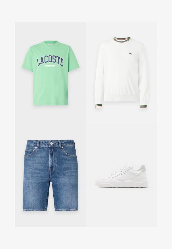 Biely sveter s okrúhlym výstrihom, ktorý má na golieri a rukávoch pruhy v zelených, červených a oranžových odtieňoch. Logo Lacoste na hrudi.; Zelené bavlnené tričko s okrúhlym výstrihom. Na hrudi sa nachádza odvážny námornícky nápis "LACOSTE" a "SPORTSWEAR". Krátke rukávy.; Džínové šortky v stredne modrom praní so strižením v rovnom strihu, dizajnom s piatimi vreckami a uzáverom na horný gombík. Obsahujú kontrastné šitie.; Biele kožené tenisky s hladkým povrchom, zaoblenou špičkou, plochými šnúrkami a textúrovanou podrážkou. Sivý semišový akcent na päte.