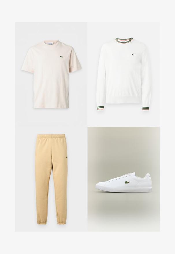 Pull blanc à col rond, avec des accents rayés verts, rouges et oranges sur le col et les manches. Logo Lacoste sur la poitrine.; T-shirt uni beige clair à manches courtes avec col rond et petit logo crocodile vert sur la poitrine gauche.; Pantalon de jogging beige avec taille élastique et poignets, arborant un petit logo crocodile vert brodé sur la cuisse droite.; Baskets blanches en cuir avec une semelle en caoutchouc texturé, arborant un logo crocodile brodé vert sur le côté et un branding minimal.