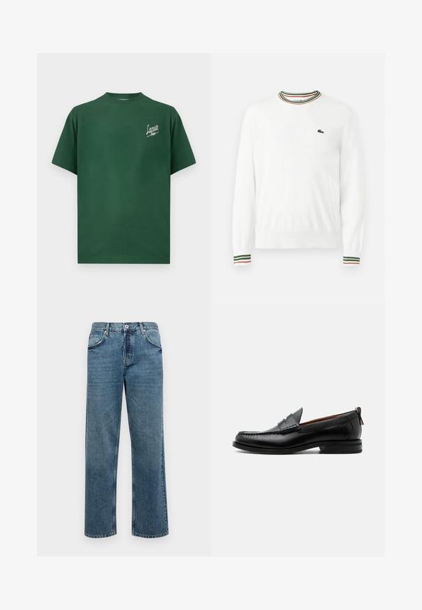 Biely sveter s okrúhlym výstrihom, ktorý má na golieri a rukávoch pruhy v zelených, červených a oranžových odtieňoch. Logo Lacoste na hrudi.; Zelené bavlnené tričko s okrúhlym výstrihom, krátkymi rukávmi a bielym logom "Lacoste Paris" na ľavej strane hrude.; Modré džínsy s rovnými nohavicami, ktoré majú päť vreciek, zapínanie na gombík a zips, a viditeľné švy.; Čierny kožený pánsky mokasín s prešitím moc toe, penny remienkom, textúrovaným golierom a nízkym vrstveným podpätkom na bielom pozadí.
