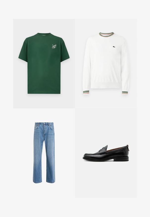 Valge sviiter, millel on ümmargune kaelus ja rohelised, punased ning oranžid triibud kaeluse ja varrukate ääres. Rinnal Lacoste logo.; Roheline puuvillane T-särk, millel on ümmargune kaelus, lühikesed varrukad ja valge "Lacoste Paris" logo vasakul rinnakorvis.; Heledad sinine teksapüksid otse lõikega, viie taskuga, nupuga sulgemine, minimaalne kulumine ja kontrastsed õmbluse detailid.; Mustast nahast meeste mokasiin, millel on moc varbaõmblus, penny rihm, tekstuuriga krae ja madal virnastatud konts valgel taustal.