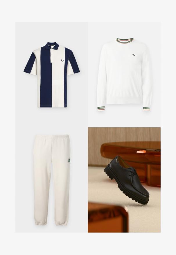 Pull blanc à col rond, avec des accents rayés verts, rouges et oranges sur le col et les manches. Logo Lacoste sur la poitrine.; Polo à rayures verticales bleu marine et blanc, manches courtes, col, patte de boutonnage à deux boutons, avec logo couronne de laurier brodé sur la poitrine.; Pantalon de jogging beige clair en coton, doté d'une taille élastique, de poignets en côtes et d'un logo vert avec un design de feuille sur la jambe gauche.; Chaussure à lacets en cuir noir texturé avec une semelle épaisse à rainures, marquée "HUGO" près du talon, présentée sur un tapis beige et un mobilier ambre.