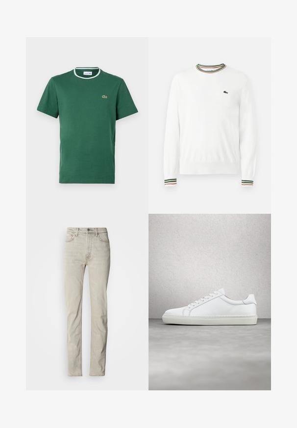 Biely sveter s okrúhlym výstrihom, ktorý má na golieri a rukávoch pruhy v zelených, červených a oranžových odtieňoch. Logo Lacoste na hrudi.; Zelené tričko s okrúhlym výstrihom vyrobené z bavlny, s krátkymi rukávmi, s kontrastným bielym a zeleným rebrovaným výstrihom a malým vyšitým logom.; Béžové rifle z denimu s rovnými nohavicami, päťvreckovým štýlom a zapínaním na gombík. Májemne textúru a minimálne švy ako ozdobné prvky.; Biele tenisky s hladkým koženým zvrškom a nízkym profilom. Majú zaoblenú špičku, šesť očiek a štruktúrovanú gumovú podrážku.