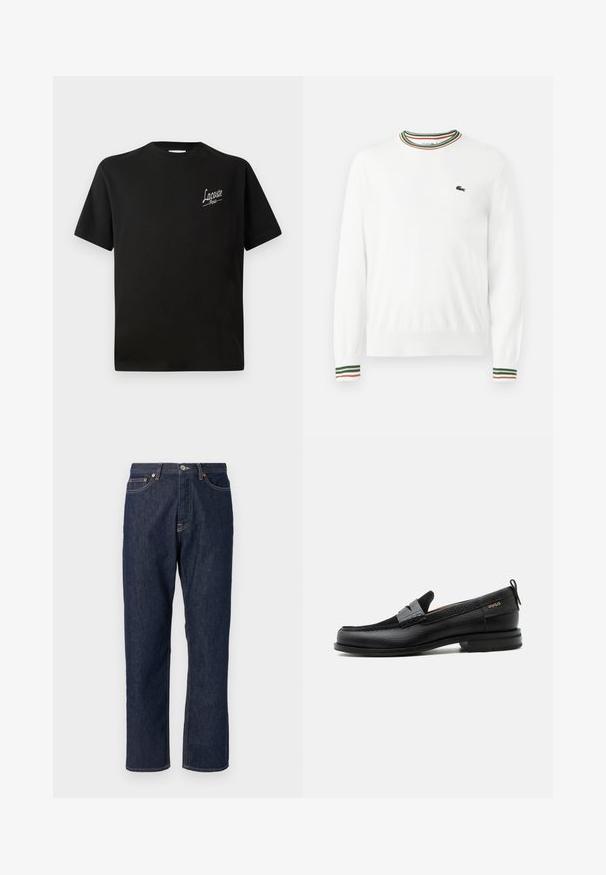 Suéter blanco con cuello redondo, que presenta acentos de rayas verdes, rojas y naranjas en el cuello y las mangas. Logo de Lacoste en el pecho.; Camiseta de algodón negra con mangas cortas, que presenta un logo en blanco "Lacoste" impreso en el lado izquierdo del pecho. Diseño de cuello redondo.; Jeans de mezclilla azul oscuro con un diseño de pierna recta. Cuenta con un cierre de botón y cremallera, cinco bolsillos y detalles de costura en contraste.; Mocasín de cuero negro con detalle de tira gris, tacón bajo y suela texturizada, con la marca "HUGO" en oro en el lateral.