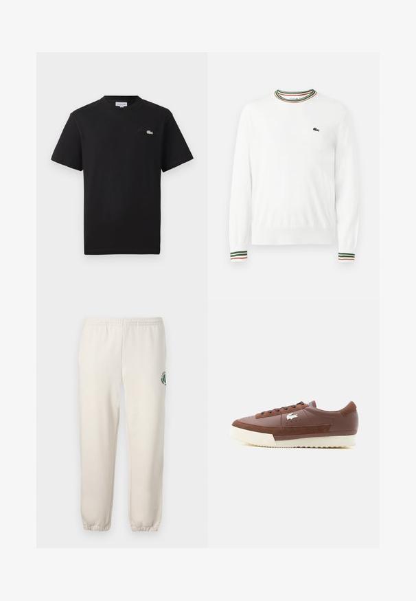 Suéter blanco con cuello redondo, que presenta acentos de rayas verdes, rojas y naranjas en el cuello y las mangas. Logo de Lacoste en el pecho.; Camiseta de algodón negra con cuello redondo. Presenta un pequeño logo de Lacoste bordado en verde y blanco en el pecho. Mangas cortas, corte regular.; Pantalones de chándal de color beige claro, hechos de algodón, con una cinturilla elástica, puños acanalados y un logo verde con diseño de hoja en la pierna izquierda.; Zapatilla de corte bajo marrón con suela blanca, detalles en ante, cordones marrón oscuro y un logo de cocodrilo blanco en el lateral.