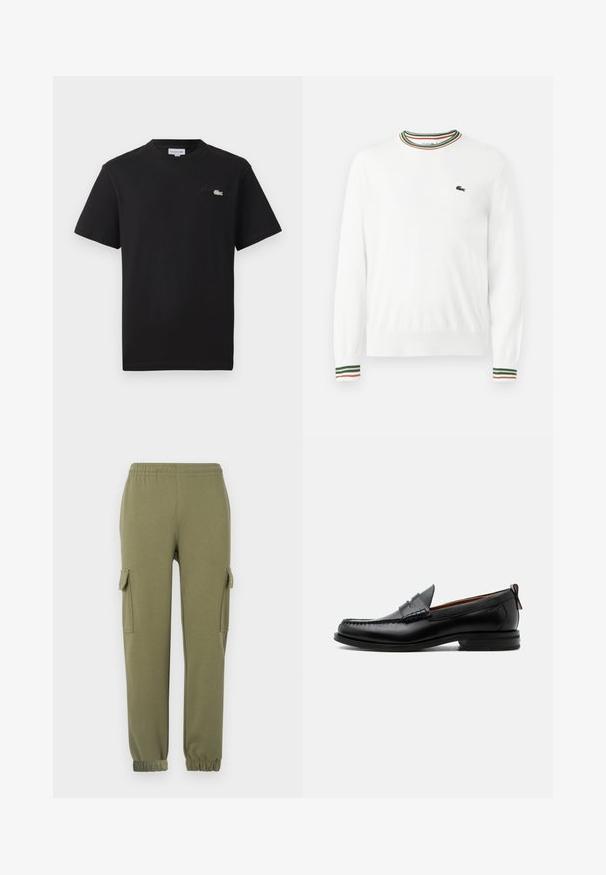 Pull blanc à col rond, avec des accents rayés verts, rouges et oranges sur le col et les manches. Logo Lacoste sur la poitrine.; T-shirt noir en coton avec un col rond. Il présente un petit logo Lacoste brodé en vert et blanc sur la poitrine. Manches courtes, coupe régulière.; Pantalons cargo en tissu léger vert olive, dotés de poches latérales, d'une taille élastique et de poignets fuselés pour un ajustement parfait.; Mocassin homme en cuir noir avec couture moc toe, bride penny, col texturé et petit talon empilé sur fond blanc.