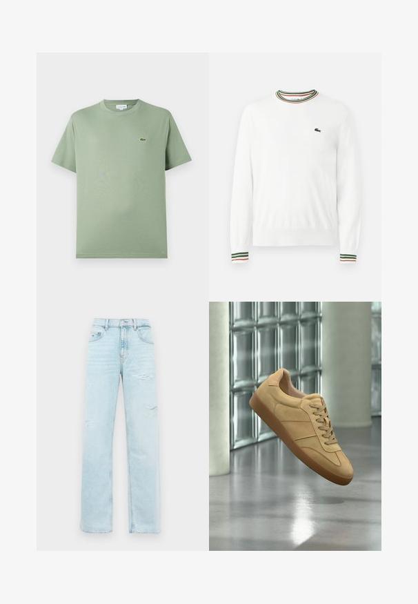 Weißer Pullover mit Rundhalsausschnitt, versehen mit grünen, roten und orangefarbenen gestreiften Akzenten am Kragen und den Ärmeln. Lacoste-Logo auf der Brust.; Hellgrünes Baumwoll-T-Shirt mit Rundhalsausschnitt, kurzen Ärmeln und einem kleinen Logo auf der linken Brust. Glatte Textur, normale Passform.; Hellblaue, hochgeschnittene gerade Jeans mit leichter Verwaschung an den Oberschenkeln und einem klassischen Five-Pocket-Design.; Beiger Veloursleder-Sneaker mit Gummisohle, Schnürdesign, schwebt drinnen auf poliertem Betonboden nahe einer Glassteinwand.
