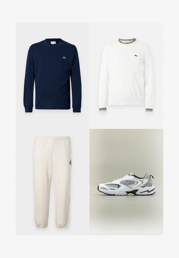 Valge sviiter, millel on ümmargune kaelus ja rohelised, punased ning oranžid triibud kaeluse ja varrukate ääres. Rinnal Lacoste logo.; Tumesinine pika varrukatega T-särk, mis on valmistatud puuvillast, ümaralise kaelusega ja väikese rohelise krokodilli logoga vasakul rinnal.; Heledadbežased püksid, mis on valmistatud puuvillast, varustatud elastse vöökohtaga, soonikute lõpetustega ja vasakul jalal on roheline logo lehe kujundusega.; Valge ja hall sportlik jooksujalats, millel on võrgupaneelid, rohelised aktsendid, mustad detailid ja küljes logo, nähtuna välisküljelt.