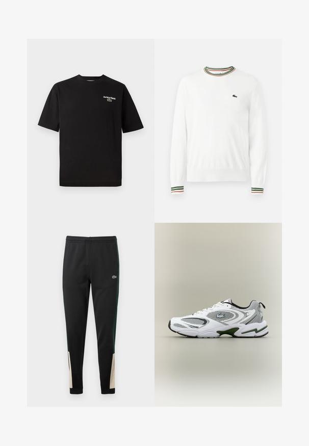 Suéter blanco con cuello redondo, que presenta acentos de rayas verdes, rojas y naranjas en el cuello y las mangas. Logo de Lacoste en el pecho.; Camiseta de algodón negra con mangas cortas, cuello redondo, que presenta "Jeu Set et Match" en bordado blanco y un acento de logo de cocodrilo verde.; Pantalones de chándal negros con franjas laterales verdes y acentos beiges en los puños. Cintura elástica y logo de Lacoste en la parte frontal. Textura suave.; Zapatilla deportiva de running en blanco y gris, con paneles de malla, acentos verdes, detalles en negro y un logo en el costado, vista desde el lado exterior.
