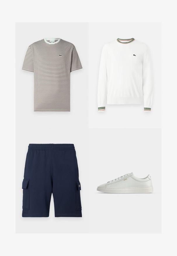 Hvid sweater med rund hals, prydet med grønne, røde og orange striber på kraven og ærmerne. Lacoste-logo på brystet.; Kortærmet t-shirt med rund hals i brune og hvide vandrette striber og en lille grøn krokodille-logo på venstre bryst.; Marineblå cargoshorts lavet af blødt stof, med elastisk taljebånd, to sidelommer og et lille logo på venstre lomme.; Hvid lavtop lædersneakers med snørebånd, flad sål og lille gyldent "BOSS" logo på siden, set fra ydersiden.