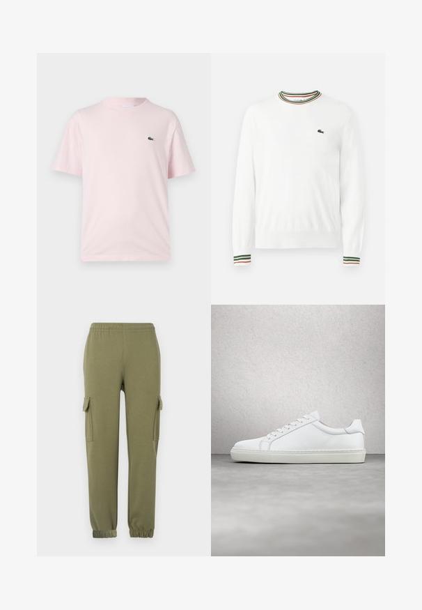Biely sveter s okrúhlym výstrihom, ktorý má na golieri a rukávoch pruhy v zelených, červených a oranžových odtieňoch. Logo Lacoste na hrudi.; Svetlo ružové bavlnené tričko s krátkymi rukávmi. Obsahuje malé zelené vyšívané logo na ľavom prsníku. Dizajn s okrúhlym výstrihom.; Nohavice cargo v olivovo zelenej ľahkej tkanine, s bočnými vreckami, elastickým pásom a zúženými manžetami pre priliehavý strih.; Biele tenisky s hladkým koženým zvrškom a nízkym profilom. Majú zaoblenú špičku, šesť očiek a štruktúrovanú gumovú podrážku.