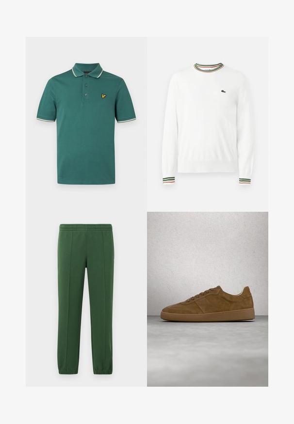 Pull blanc à col rond, avec des accents rayés verts, rouges et oranges sur le col et les manches. Logo Lacoste sur la poitrine.; Polo en coton vert à coupe ajustée, avec patte de boutonnage à trois boutons et logo jaune brodé sur le côté gauche de la poitrine. Présente un biais de col contrastant blanc.; Pantalons de survêtement verts en tissu doux ; dotés d'une taille élastique, de jambes fuselées et d'un petit logo sur le côté.; Baskets en daim marron avec des lacets couleur fauve et une semelle en caoutchouc. Présente un bout arrondi et des détails cousus sur la tige. Design léger.