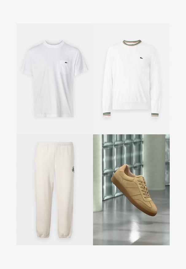 Pull blanc à col rond, avec des accents rayés verts, rouges et oranges sur le col et les manches. Logo Lacoste sur la poitrine.; T-shirt en coton blanc avec un col rond et des manches courtes. Il présente une poche sur la poitrine gauche et un petit logo Lacoste vert.; Pantalon de jogging beige clair en coton, doté d'une taille élastique, de poignets en côtes et d'un logo vert avec un design de feuille sur la jambe gauche.; Baskets beiges en daim avec semelle en gomme, design à lacets, flottant à l'intérieur sur un sol en béton poli près d'un mur en blocs de verre.